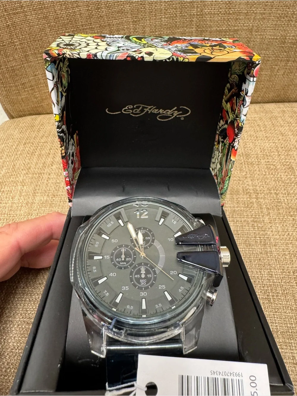 Ed Hardy Men’s Quartz Chronograph Gray Dial Black Rubber Strap Watch 48mm Box